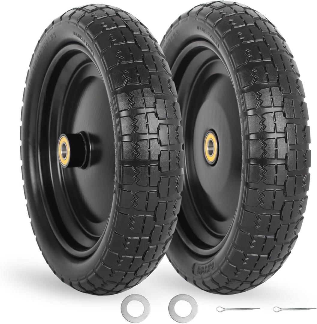 13" Flat-free Solid Tire and Wheel, with 5/8" Axle Bore Hole, 2.2" Offset Hub, Replacement 4.00-6 Wheelbarrow tire, Compatible with Garden Wagon Trolley Dolly, 2 Pack