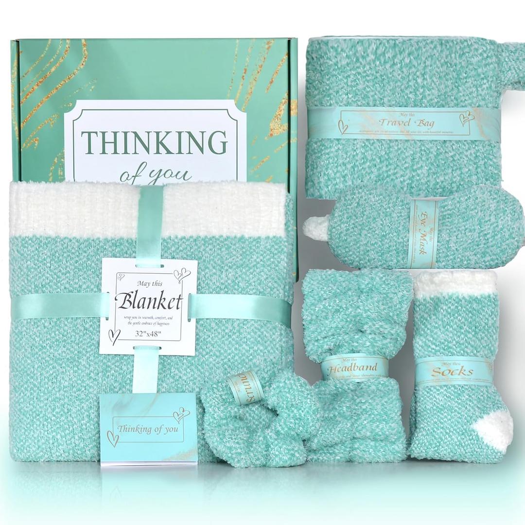 JOOJA Birthday Get Well Soon Cozy Gift Basket Care Package for Women with Blanket, Fuzzy Socks, Eye Mask, Headband Cozy Essentials - Green