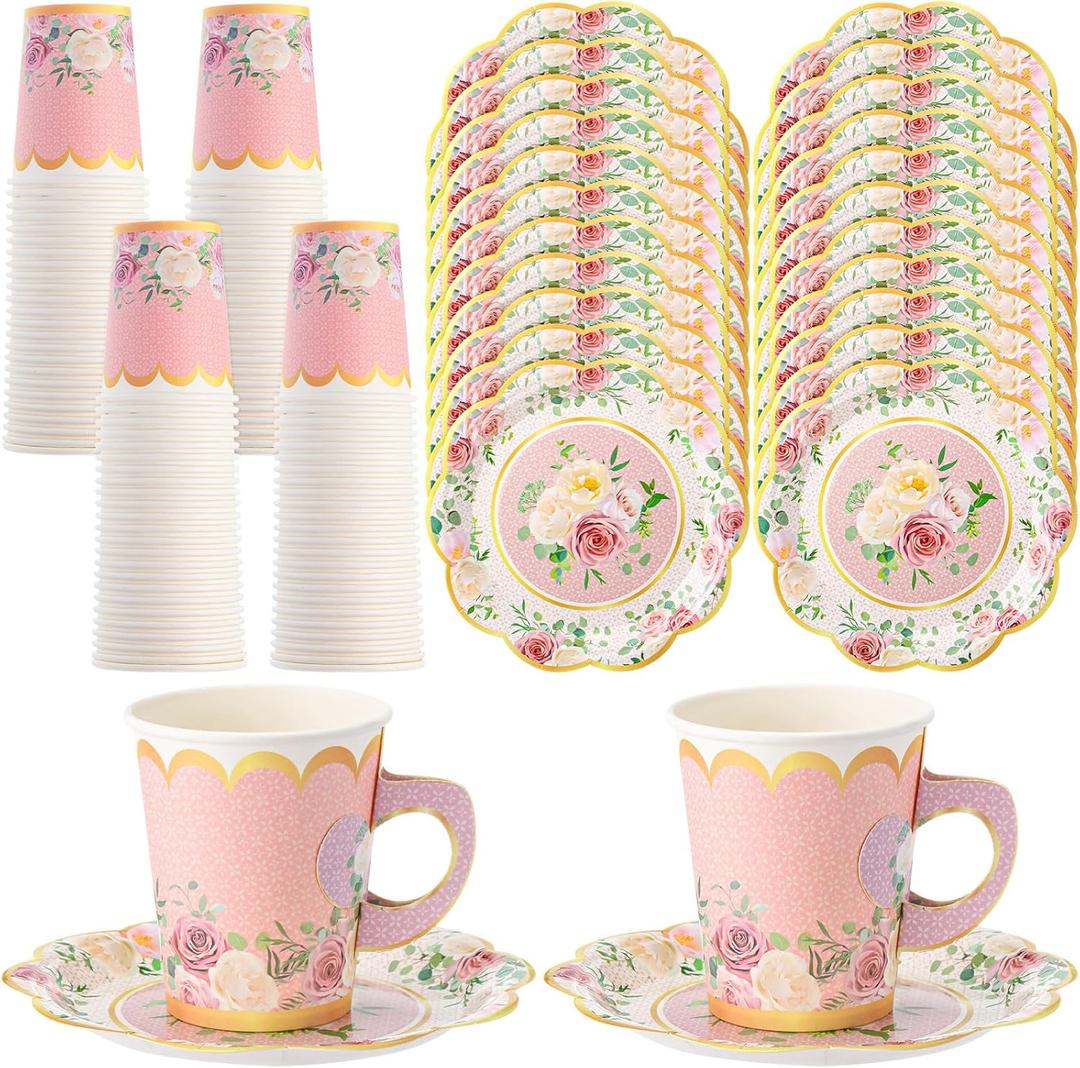 Tioncy 100 Pcs Tea Party Decorations Include 50 Pieces 9 oz Paper Tea Cups with Handle and 50 Plates Disposable Teacups and Saucers Sets for Birthday(Blossom) (Pink)