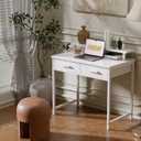 Pamray 32 Inch Small Computer Desk with Monitor Stand Home Office Desks with 2 Drawers for Bedroom Study Writing and Work Table for Small Spaces White