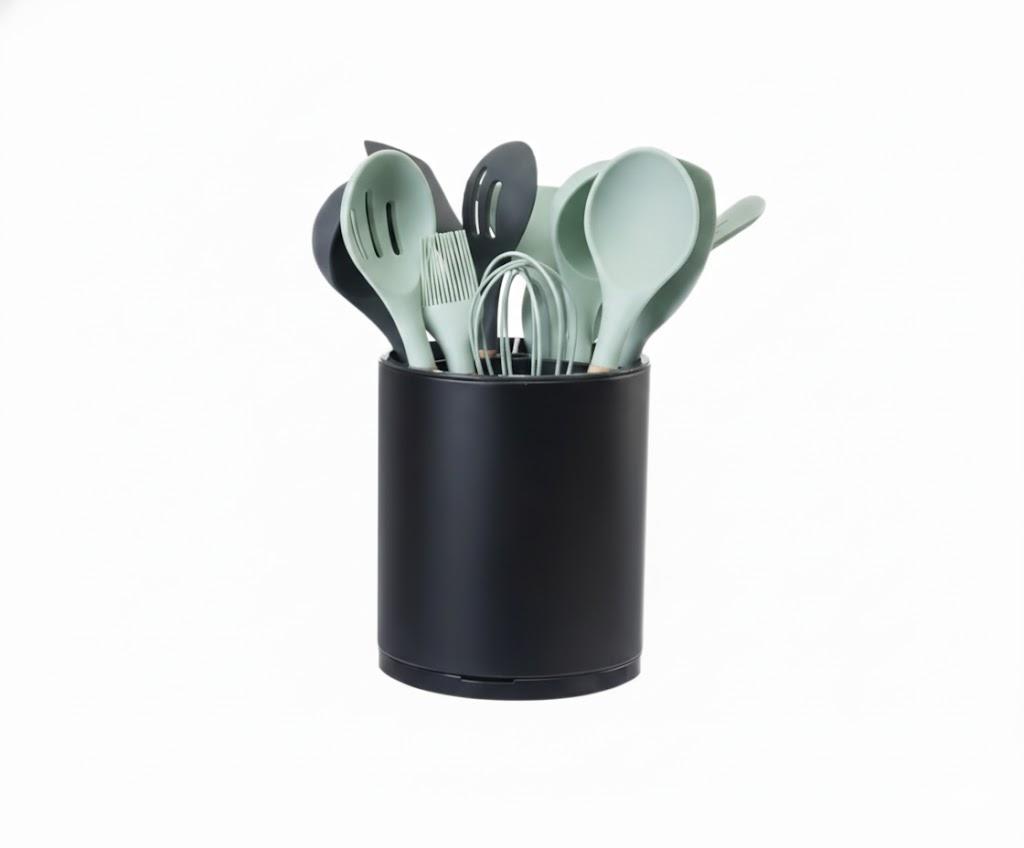 Kitchen Utensil Holder Extra Large 360°Rotating For Counter Organizer Stainless Steel Storage Cooking Silverware Caddy 3 Compartment Flatware Spoon Spatula Tool Cutlery Container（Black）