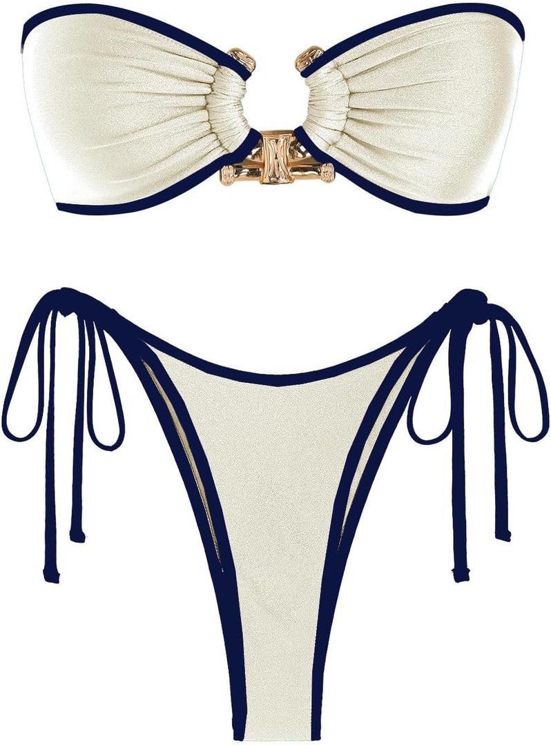 ZAFUL Metal Ring Bandeau Bikini Set Tie Side Bathing Suit High Cut 2 Piece Swimsuit Cutout Swimwear (Small, Silky Beige)
