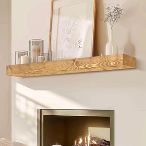 48" Fireplace Mantel, 3'' Thick Handmade Rustic Solid Wood - Wall Long Floating Shelf with Invisible Metal Bracket, Wood Color, 48x3x7-solid