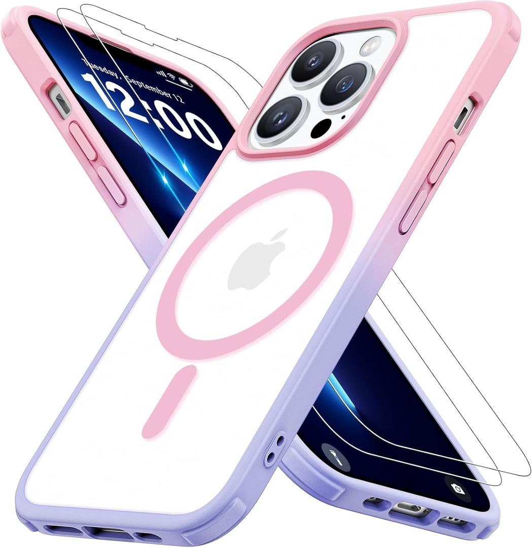 Magnetic for iPhone 13 Pro Case [Compatible with MagSafe] with 2X Screen Protector, Military-Grade Slim Shockproof Phone Cover Translucent Anti-Fingerprint for iPhone 13 Pro 6.1'', Pink-Purple