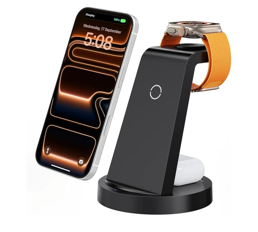 Anlmz 3 in 1 Charging Station for iPhone, Wireless Charger for iPhone 17 16e 16 15 14 13 12 11 X Pro Max & Apple Watch - Wireless Charging Station for AirPods 4 3 Pro