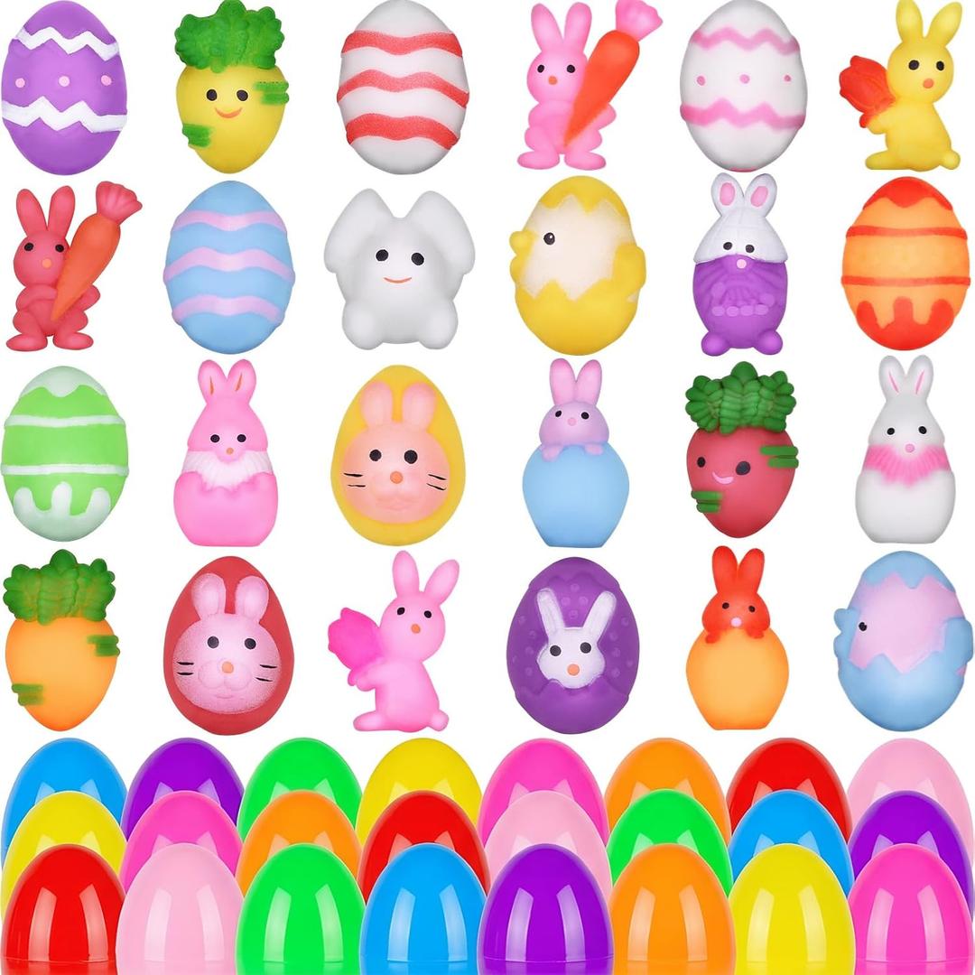 24 Pack Easter Mochi Squishy Toys Squishies Easter Toys with 24 PCS Plastic Easter Eggs for Kids Girls Boys Party Favors Easter Basket Stuffers Party Favors Candy Bags Gifts