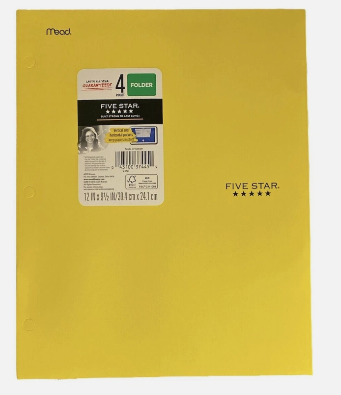 Mead Five Star 8 Pocket Paper Folder 33106 QTY 22 Multi-Color