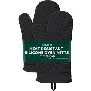 Beneno Heat Resistant Silicone Oven Mitts BPA-Free, Non-Slip Textured Grip & Quilted Cotton Lining, Waterproof Kitchen Mitt 2-Pack Set, 7"x13", Black
