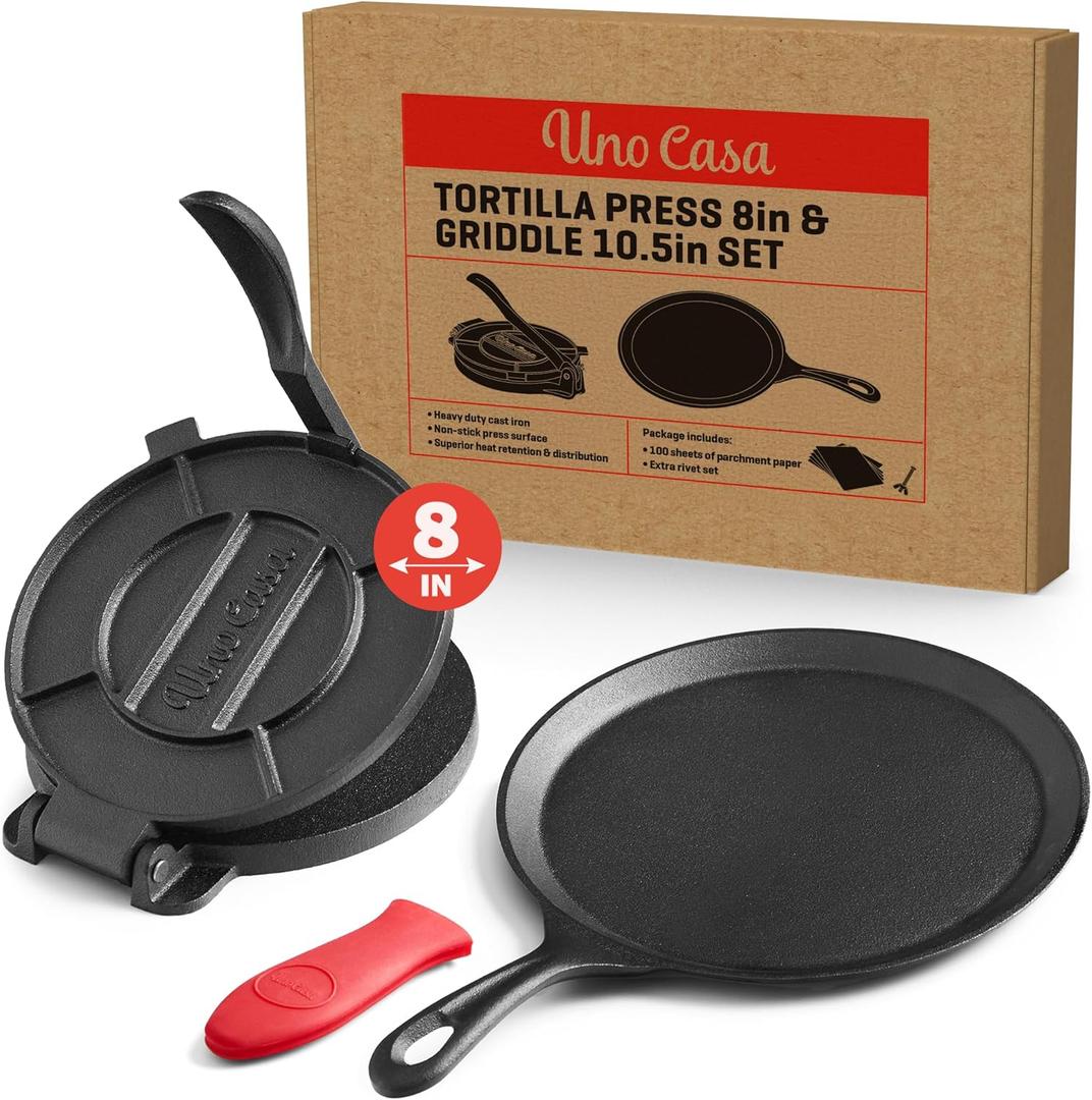 Uno Casa Cast Iron Tortilla Press 8 Inch with Cast Iron Comal Pan - Bundle of Cast Iron Tortilla Skillet for Roti, Tawa, Dosa, and Pataconera - Pre-Seasoned Heavy Duty Cookware for Authentic Cooking