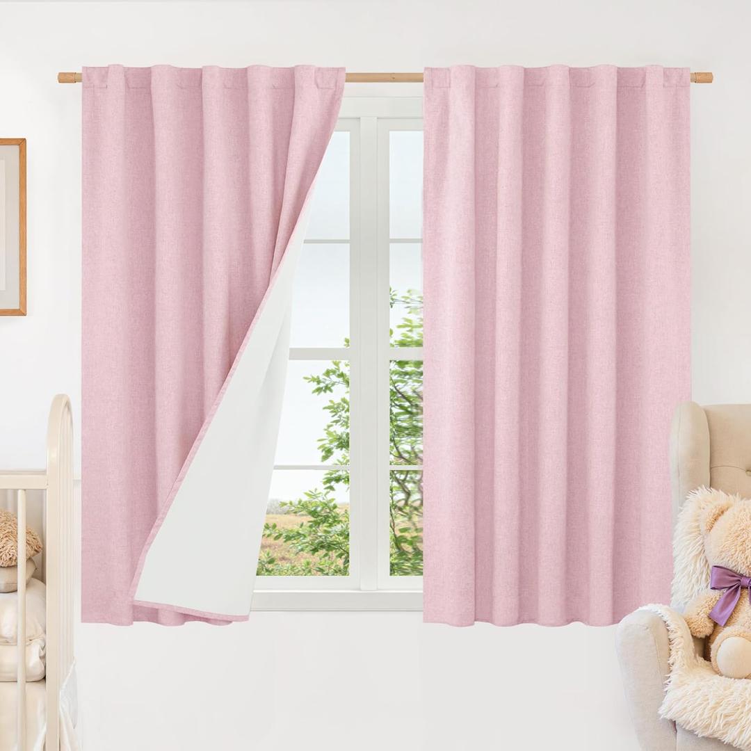 LAMIT Linen Full Blackout Window Curtains for Bedroom, 54 Inches Thermal Farmhouse Curtains Back Tab and Rod Pocket Privacy Protected Burlap Panels with White Liner, 2 Panels, 38 x 54 Inch, Pink