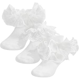 SAOROPEB Toddler Ruffle Socks, 3 Styles5 Size, Frilly Dress Socks for Girls Princess Lace Ruffles Socks Set (6-8 Years, White 3 Pairs)