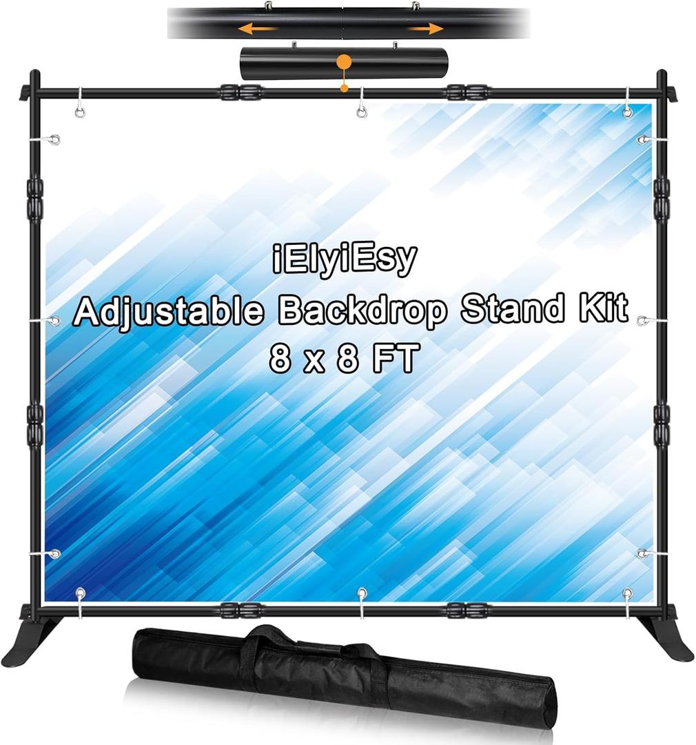 iElyiEsy Backdrop Banner Stand, 8x8FT Heavy Duty Adjustable Step and Repeat Stand with Carrying Bag for Parties Photo Booth Trade Show