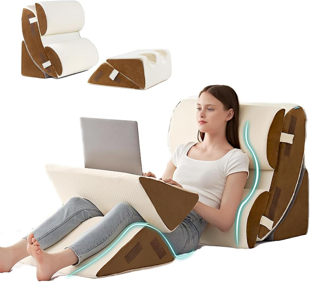 Hansleep Bed Wedge Pillow Set for After Surgery 6PCS, Post Surgery Pillow for Sleep Apnea and Acid Reflux Relief, Adjustable Reading Pillows Back Support with Memory Foam, Beige, 23", 6pcs-23.6x27''