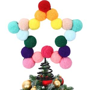 Rainbow Mini Felt Ball Star Christmas Tree Topper Small Colorful Pom Pom Felt Ball 4.7 x 5.9 Inch Tiny Xmas Tree Topper Colorful Five Pointed Star Xmas Ornaments for Decoration