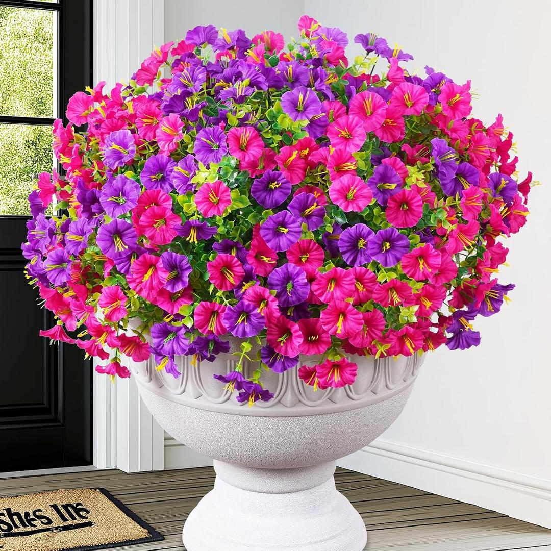 MARTINE MALL 12 Bundles Look Real Artificial Flowers for Outdoors, Realistic Fake Outdoor Flowers, UV Resistant Silk Petunia Flowers for Outside Faux Flowers Plants for Outdoor Porch, Purple+Fuchsia