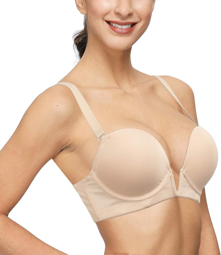 Women's Deep V Plunge Padded Push Up Underwire Bra Low Cut Convertible Brassiere with Clear Straps (Nude, 36DD/E)