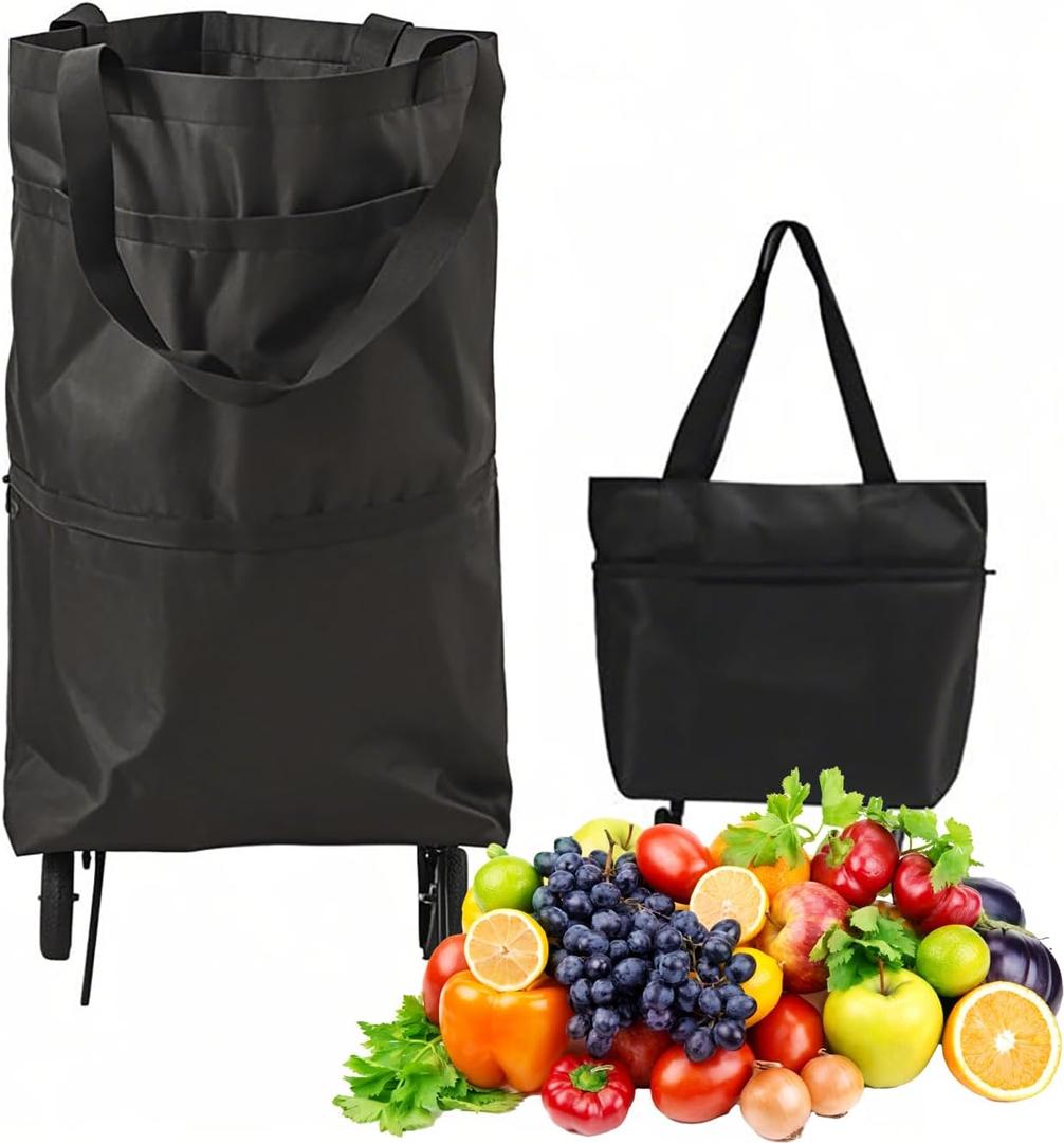 2 in 1 Foldable Shopping Cart with Wheels for Groceries, 25kg Grocery Cart on Wheels Collapsible Shopping Carts for Groceries Waterproof Oxford Travel Bag Reusable (Black)