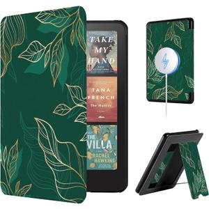 CoBak Lightweight Stand Case for 7" Kindle Paperwhite 12th Gen 2024 and Kindle Colorsoft with Right Hand Strap - Compatible with iPhone MagSafe, for Samsung/Belkin/Anker Wireless Charging Pads (Green pattern)
