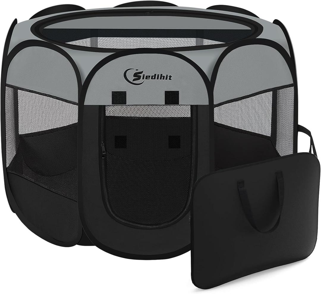 Dark Grey Dog Cat Playpen, Puppy Pet Playpen, Small Dogs Tent Crates Cage Indoor/Outdoor, Portable Pop Up Dog Kennel Playpen with Carrying Case for Dogs/Cats/Rabbits