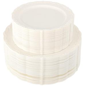 U-QE 60 Pieces Ivory Plastic Plates for Party - Ivory Disposable Plastic Plates - Heavy Duty Disposable Platos Including 30 Dinner 10 '' & 30 Dessert 7.5 '' for Weddings