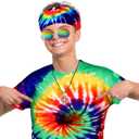 Norme 4 Pcs Hippie Costume Set Tie Dye T Shirt Peace Necklace Headband and Sunglasses for Theme Party (XL)