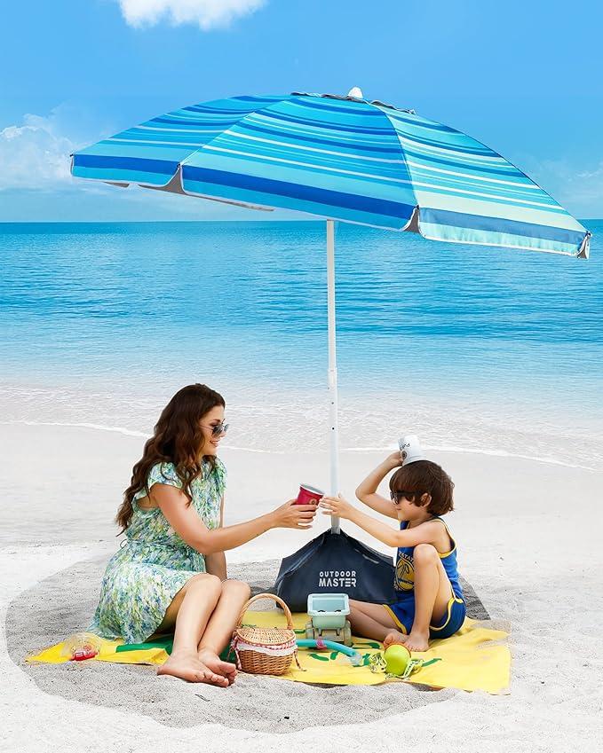OutdoorMaster Beach Umbrellas for Sand with Sandbag & Anchor, 6.5ft Adjustable Umbrella for Beach Heavy Duty Wind, Portable UPF50+ Sunshade with Carry Bag for Patio, Light Blue Striped, Color A04 Light Blue Striped