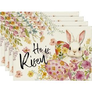 Artoid Mode Bunny Rabbit Eggs Flowers Easter Placemats Set of 4, 12x18 Inch Seasonal Spring Holiday Table Mats for Party Kitchen Dining Decoration
