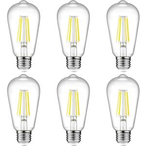 Ascher Vintage LED Edison Bulbs, 6W, Equivalent 60W, Non-Dimmable, High Brightness Cool White 4000K, ST58 Antique LED Filament Bulbs with 80+ CRI, E26 Medium Base, Clear Glass, Pack of 6