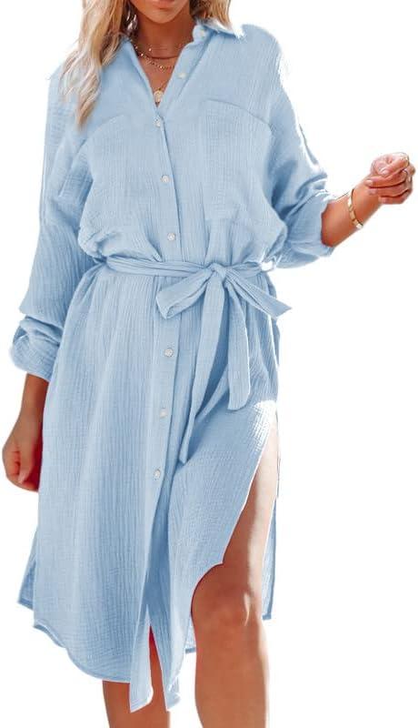Dokotoo Womens 2024 Fashion Solid Color Button Down Long Sleeve Side Split Beach Cover Ups Shirt Dress with Pockets, M