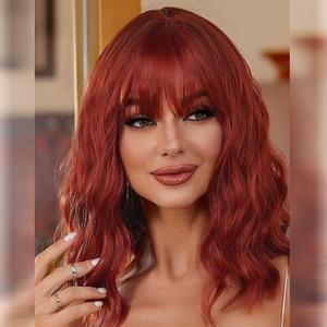 LOSMOEER Auburn Wig with Bangs Short Wavy Copper Red Wigs for Women Shoulder Length Curly Bob Wigs Heat Resistant Synthetic Wigs for Halloween Cosplay Daily Party Use (14 Inch)
