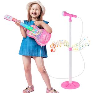 Kids Guitar and Microphone Playset, Musical Guitar Play Set with Adjustable Stand,Toy Guitar Starter Kit with 4 Strings, Electric Guitar Karaoke Toys with Music Lights for Boys Girls