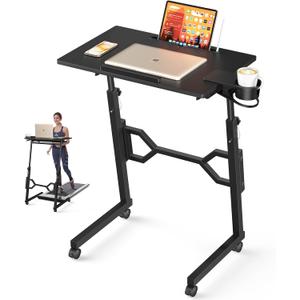 Small Standing Desk with Wheels, Portable Treadmill Desk, Rolling Desk Adjustable Height for Laptop, Mobile Standing Table for Walking Pad, Bedside Table (Black)