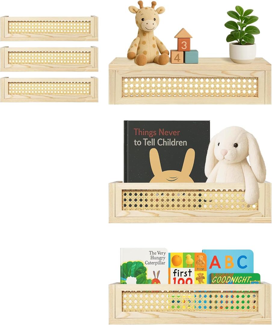 Montex Rattan Floating Shelf 3 Pack, 16 Inch Nursery Floating Shelves, Floating Book Shelves for Wall Nursery, Boho Shelves, Rattan Shelves Decor, Wicker Wall Shelf