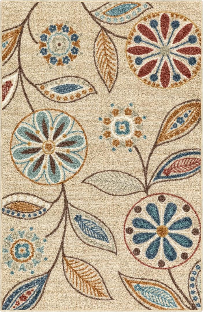 Maples Rugs Reggie Floral Kitchen Rug - Made in USA - Washable, Non Slip Indoor Carpet for Entryway, Foyer, Kitchen, and Bathroom, 2'6 x 3'10, Beige