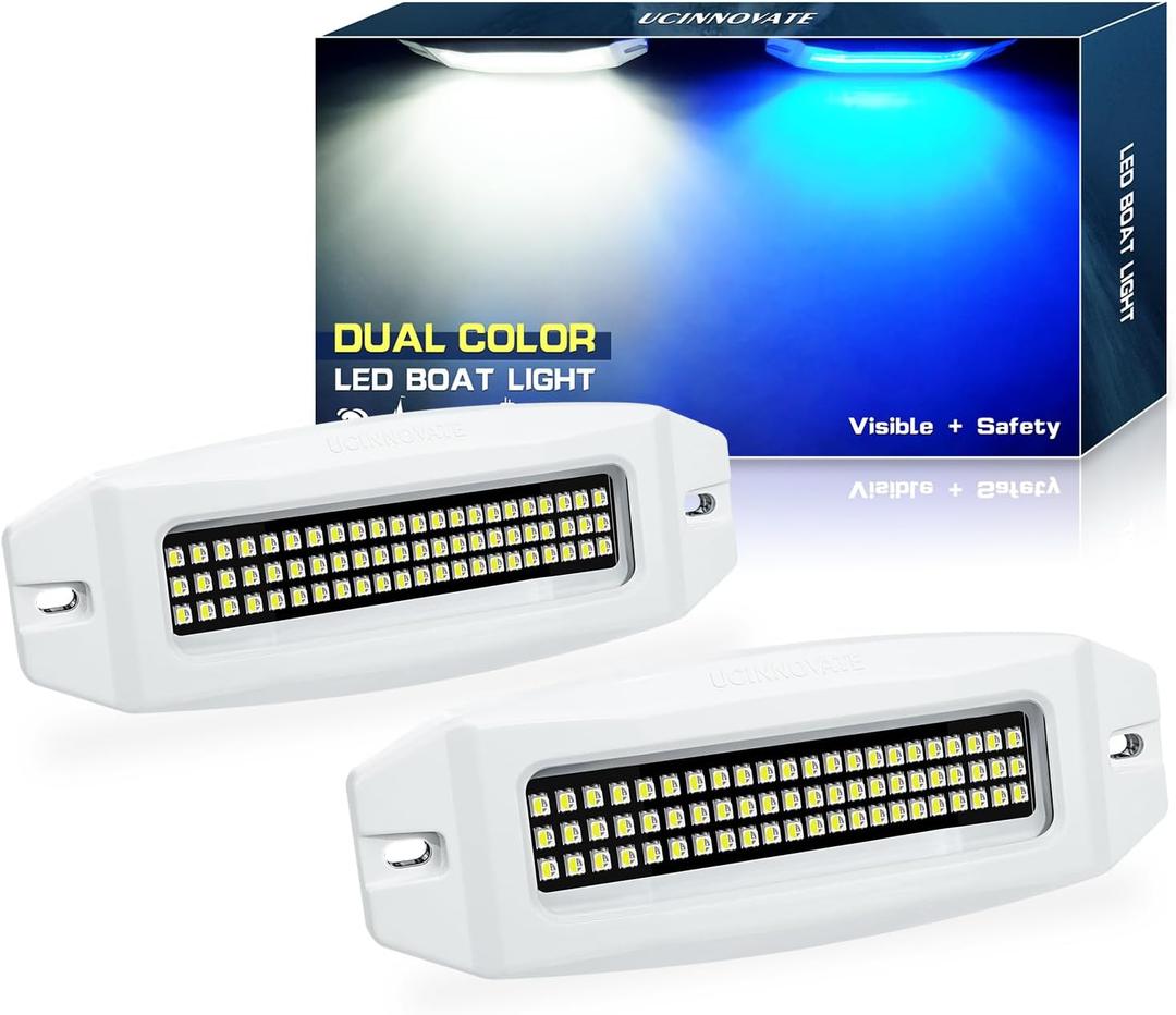 UCINNOVATE 2X 6.9" Marine LED Boat Lights, Dual Color Waterproof Transom & Underwater Lights for Yachts, Boats, Sailboats, Pontoons, Stern & Deck (Blue/White, 12-36V, IP68)