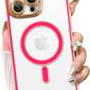 Fiyart Designed for iPhone 16 Pro Case,Compatible with MagSafe Plating Removable Lens Cover Clear Magnetic Shockproof Phone Bumper for Women Girls 6.3"-Hot Pink