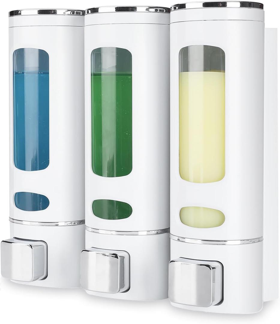 Nellyke Shampoo Dispensers for Shower Wall Mounted Soap Dispenser 3 Chambers Conditioner Body Wash Dispenser Set Clear with Glue(or Wall Mounted by Screws)3 ChambersWhite
