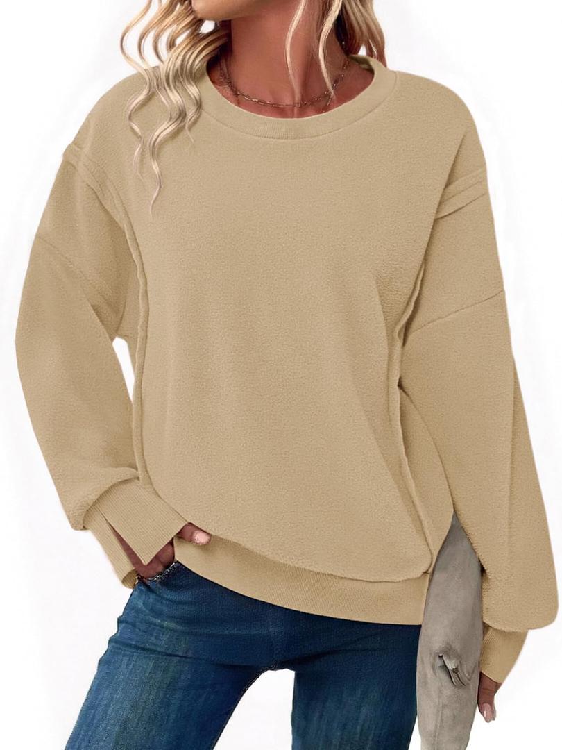 Zeagoo Women's Casual Sweatshirts Crewneck Long Sleeve Fuzzy Fleece Jackets Side Slit Midweight Pullover Fall Fashion 2025 (S)