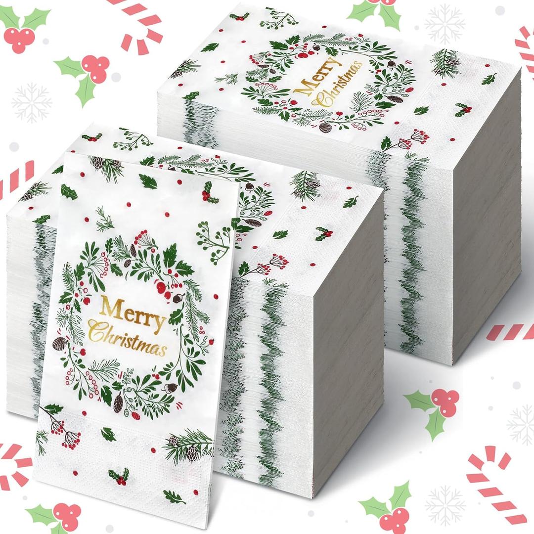 Karenhi 200 Pcs Merry Christmas Guest Napkins Holly Berry Disposable Hand Towel for Bathroom 2 Ply Xmas Decorative Napkin Bathroom Paper Hand Towels Christmas Party Decor for Winter Party Holiday