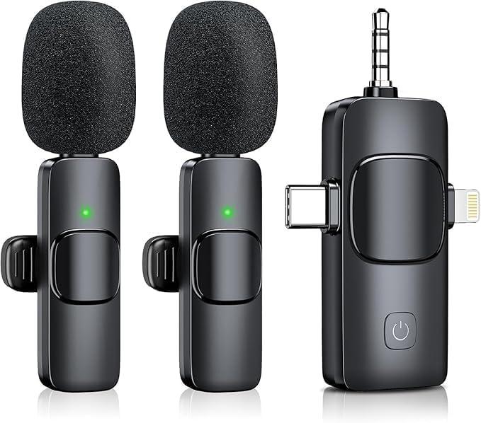Wireless Lavalier Microphone for iPhone & Android & iPad & Camera - 2 Pack 3 in 1 Mini Microphones with Noise Reduction Lapel Mic for Live Stream Content Creators Podcast