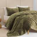 Wonderful Velvet Quilt Queen Bedding Set Olive Green, Diamond Stitch Lightweight Comforter with Shams, Luxury Bedspread Soft Coverlet with Brushed Back for All Season