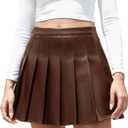 Easisim Womens Faux Leather Mini Skirt High Waisted A-line Skater Short Pleated Skirts (Medium, Coffee)