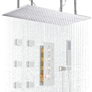 Enga Shower Faucet Set, 16x32 Inch Ceiling Shower Head with 6 Body Jets, Thermostatic Shower Valve, Can Use All Function At the Same Time, Brushed Nickel