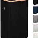 LONBET Laundry Basket with Lid, Made from Breathable Fabric | Aesthetic Clothes Hampers for Laundry with Side Handles & Sturdy Bamboo Frame (26 Gallons - Single, Black)
