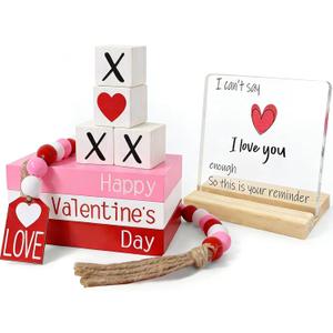 Valentine Wood Book Stack with XOXO Blocks for Table Shelf Tiered Tray Decor (red pink)