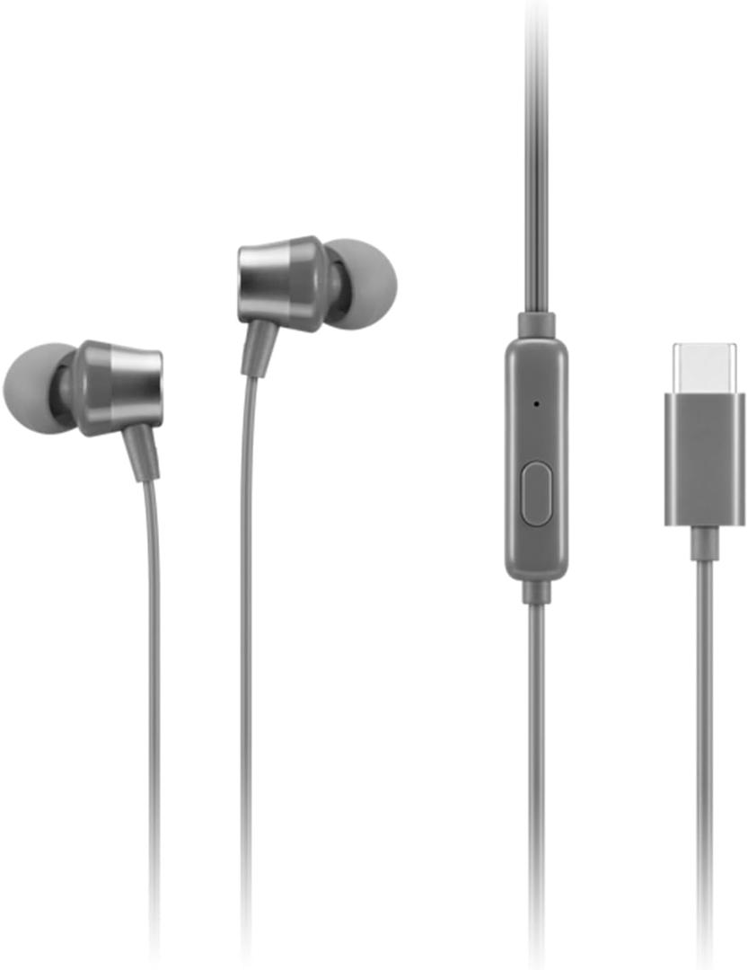 Lenovo - 300 Wired in-Ear USB-C Headphones - in-Line Microphone - USB-C Connectivity - Play & Pause Button - 3 Sizes Silicone Ear Tips Included, Grey