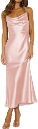 Summer Satin Spaghetti Strap Cowl Neck Backless Midi Dresses for Women Elegant Tie Low Back Ruched Cocktail Dress, Size XS, Pink