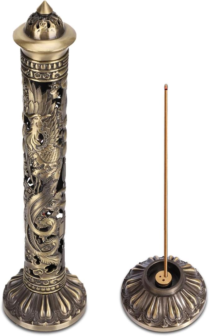 Incense Burner, Stick Incense Holder Brass Incense Holder Dragon Phoenix Relief Craft Stick Incense Burner for Ornaments Tea Room Decoration Indoor Outdoor Use