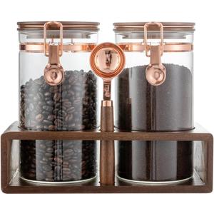 Flmeyaza Glass Coffee Canister Set with Shelf and Spoon, Set of 2 Coffee Containers for Storing Ground Coffee Beans, Sealed, Coffee Bar Coffee Filter Holder