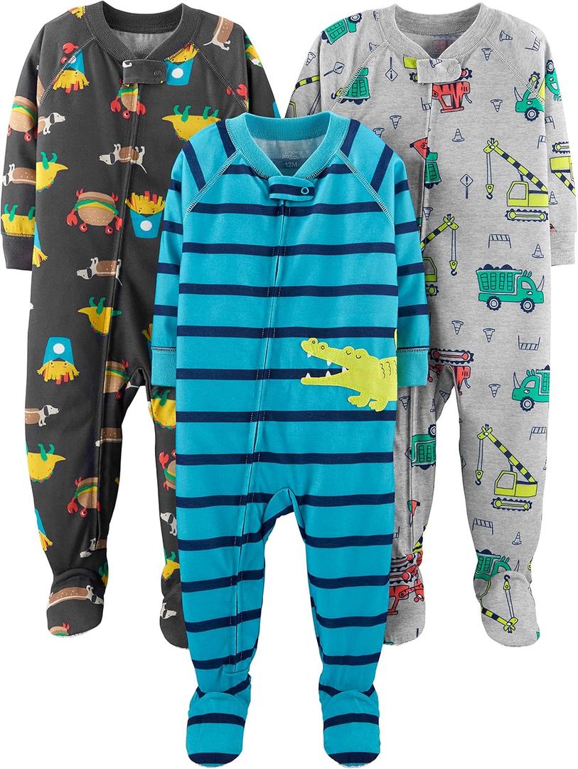 Simple Joys by Carter's baby-boys Loose-Fit Polyester Jersey Footed Pajamas (4T, Blue Alligator/Dark Grey Fun Food/Grey Trucks)